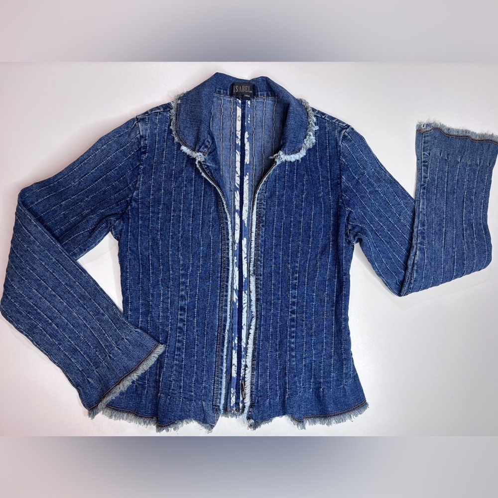 Isabel Fitted Denim Jacket XS Y2K Boho Frayed Trim Stretch Zip